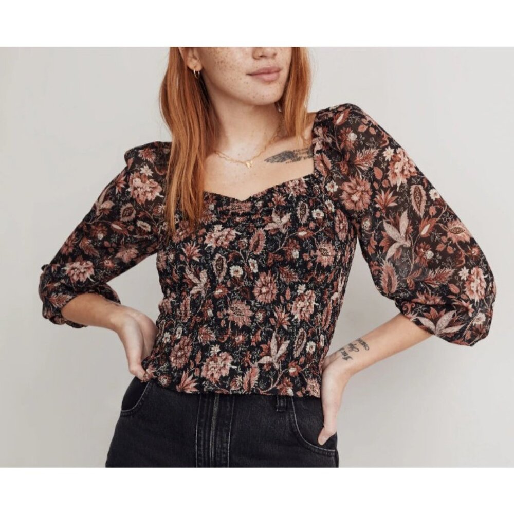 Madewell Women's S Lucie Sweetheart Smocked Sheer 3/4 Sleeve Blouse Black Floral